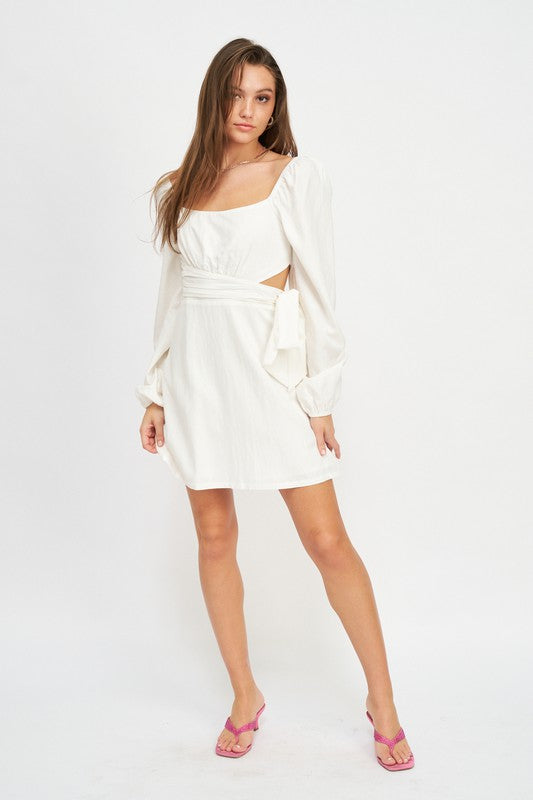 LONG SLEEVE TIE WAIST MINI DRESS - Pikemla