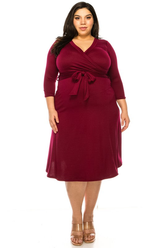 solid faux wrap dress -Plus Sized - Pikemla