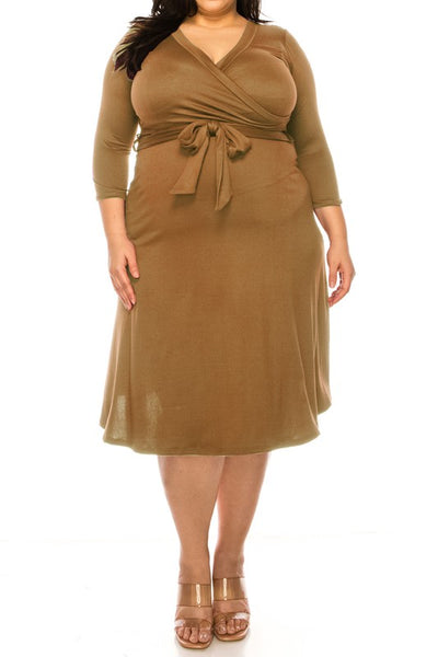 solid faux wrap dress -Plus Sized - Pikemla