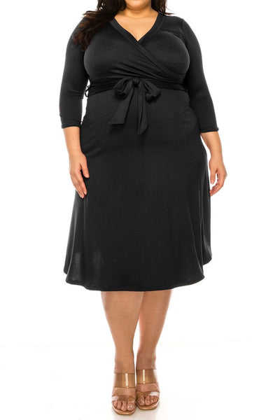 solid faux wrap dress -Plus Sized - Pikemla