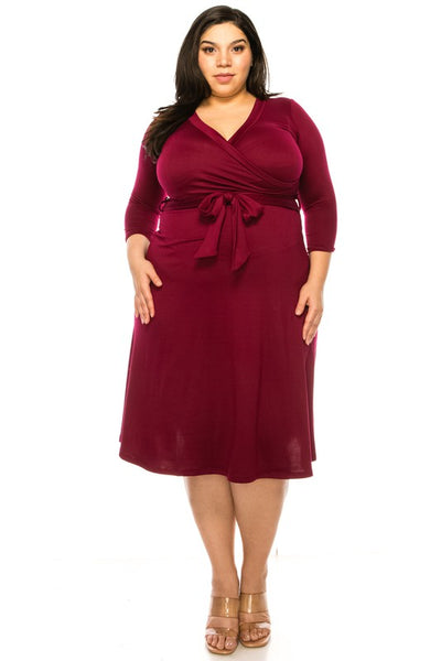 solid faux wrap dress -Plus Sized - Pikemla