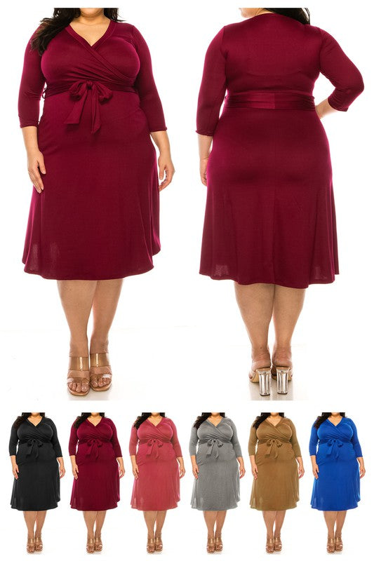 solid faux wrap dress -Plus Sized - Pikemla