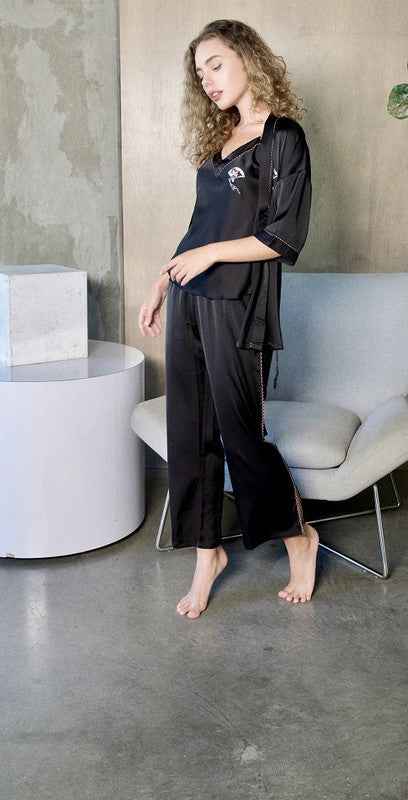 Black Silky 3 Piece Kimono Pajama Sets
