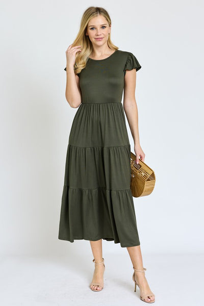 Solid Flutter Sleeve Tiered Tea Length Dress -Plus Sized - Pikemla