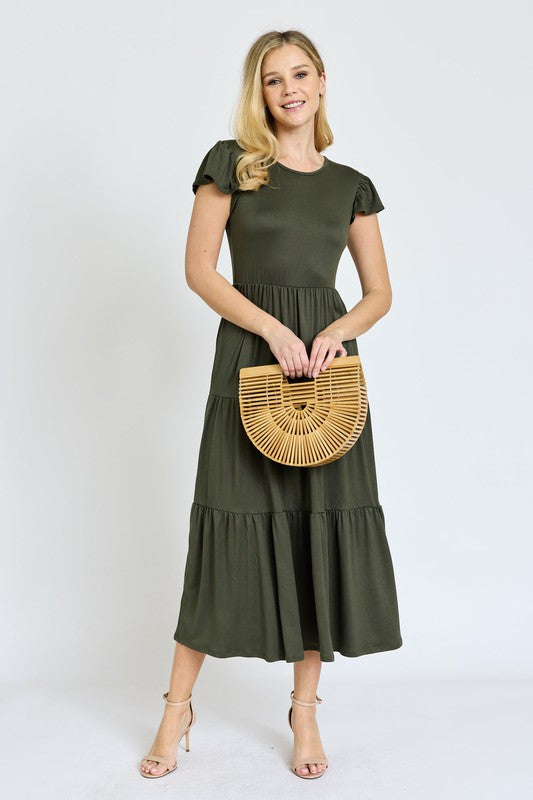 Solid Flutter Sleeve Tiered Tea Length Dress -Plus Sized - Pikemla