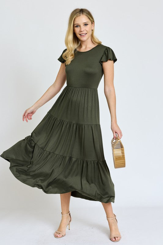 Solid Flutter Sleeve Tiered Tea Length Dress