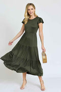 Solid Flutter Sleeve Tiered Tea Length Dress -Plus Sized - Pikemla