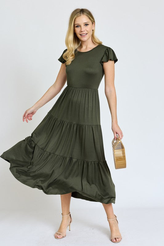 Solid Flutter Sleeve Tiered Tea Length Dress -Plus Sized - Pikemla