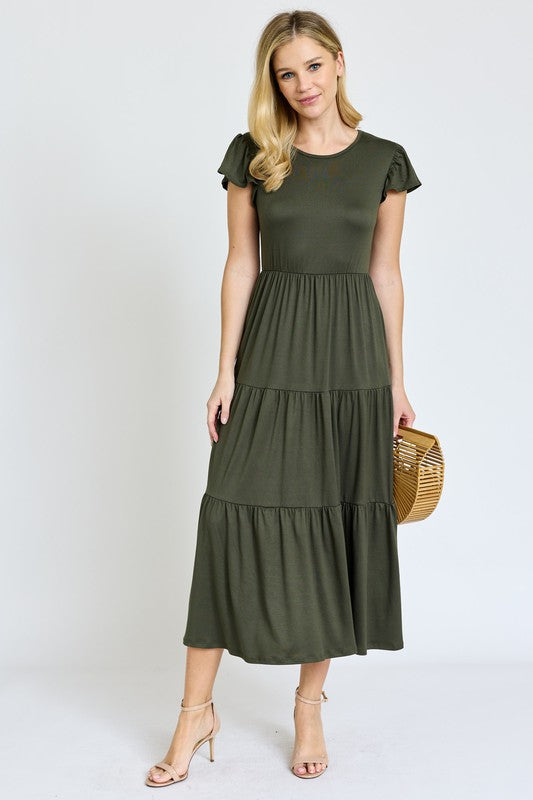 Solid Flutter Sleeve Tiered Tea Length Dress -Plus Sized - Pikemla