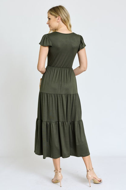 Solid Flutter Sleeve Tiered Tea Length Dress -Plus Sized - Pikemla