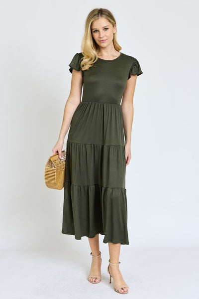 Solid Flutter Sleeve Tiered Tea Length Dress -Plus Sized - Pikemla