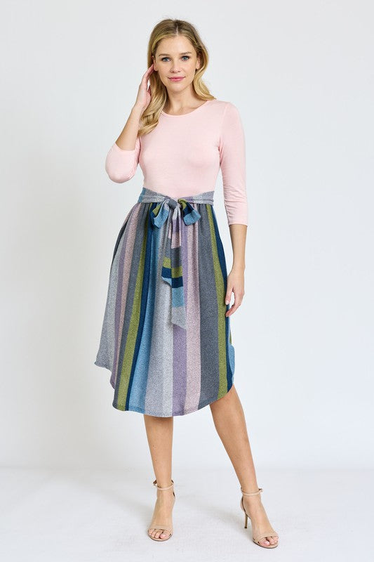 Quarter Sleeve Stripe Sash Midi Dress - Pikemla