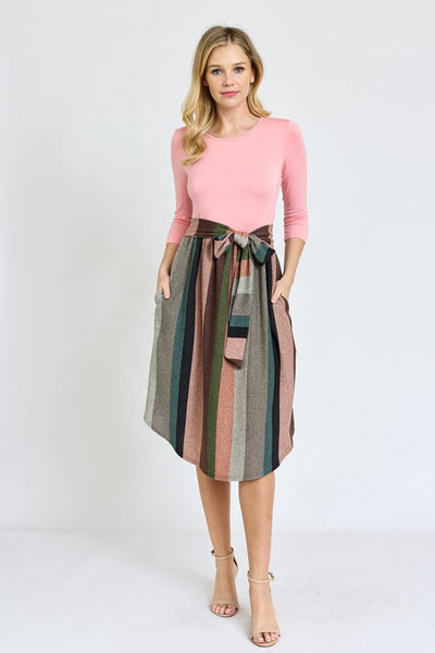 Quarter Sleeve Stripe Sash Midi Dress - Pikemla