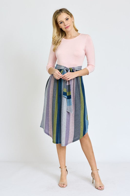 Quarter Sleeve Stripe Sash Midi Dress - Pikemla