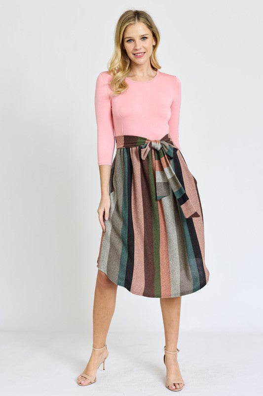 Quarter Sleeve Stripe Sash Midi Dress - Pikemla