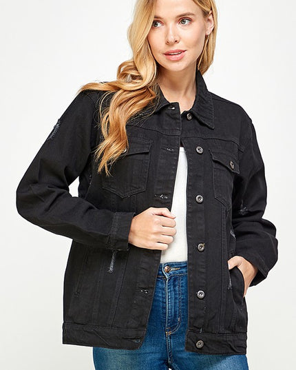 Black Denim Jacket with Fleece Hoodie - Pikemla