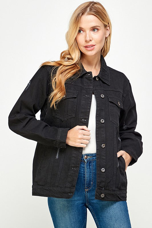 Black Denim Jacket with Fleece Hoodie - Pikemla