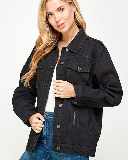 Black Denim Jacket with Fleece Hoodie - Pikemla
