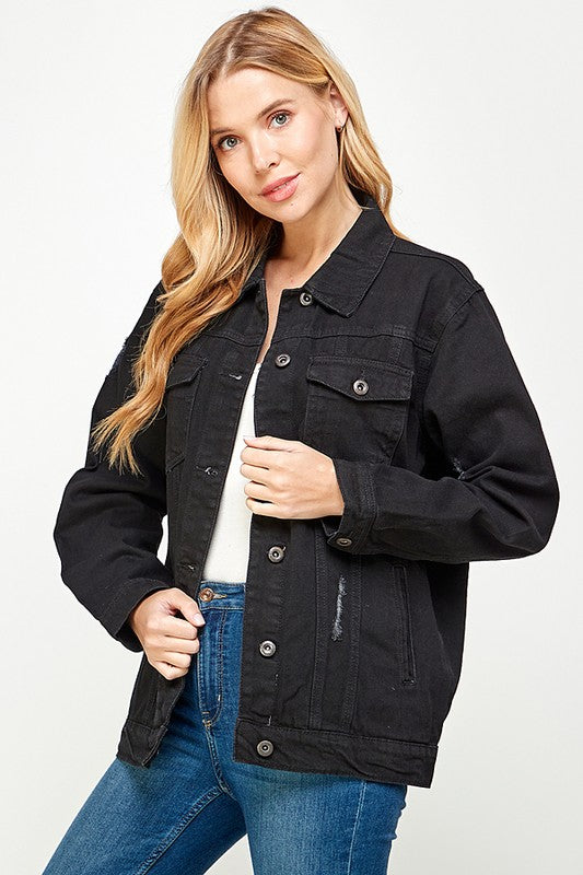 Black Denim Jacket with Fleece Hoodie