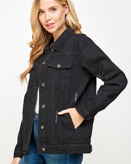 Black Denim Jacket with Fleece Hoodie - Pikemla