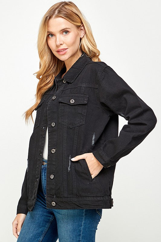 Black Denim Jacket with Fleece Hoodie