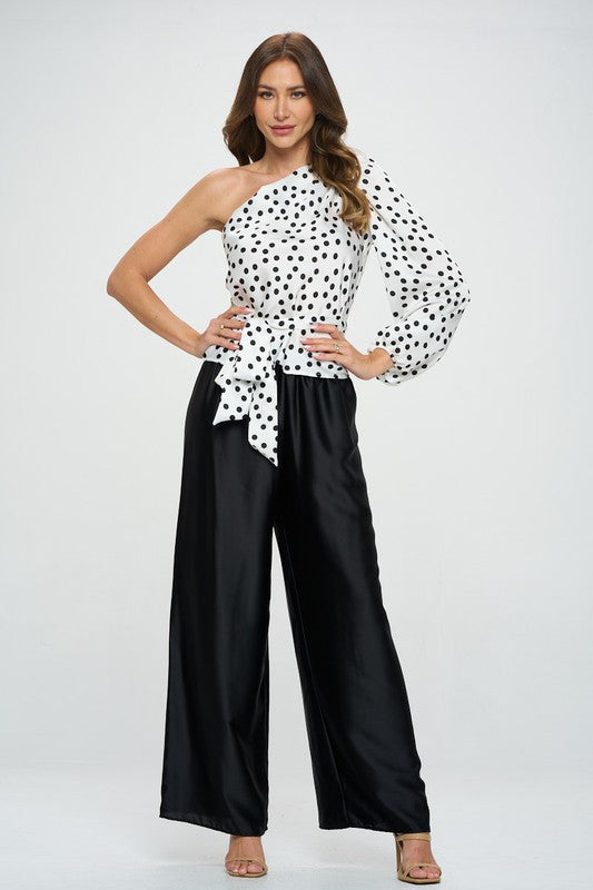 Polka Dot One Shoulder Formal Top with Tie - Pikemla