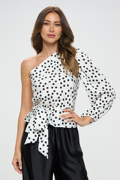 Polka Dot One Shoulder Formal Top with Tie - Pikemla