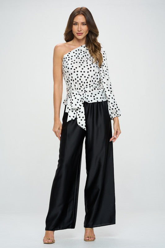 Polka Dot One Shoulder Formal Top with Tie - Pikemla