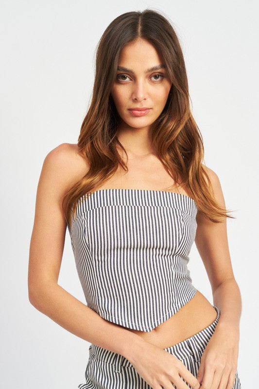 STRIPED BACK STRAP AND EYELET DETAIL TUBE TOP - Pikemla