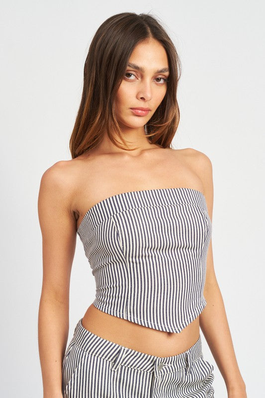 STRIPED BACK STRAP AND EYELET DETAIL TUBE TOP - Pikemla