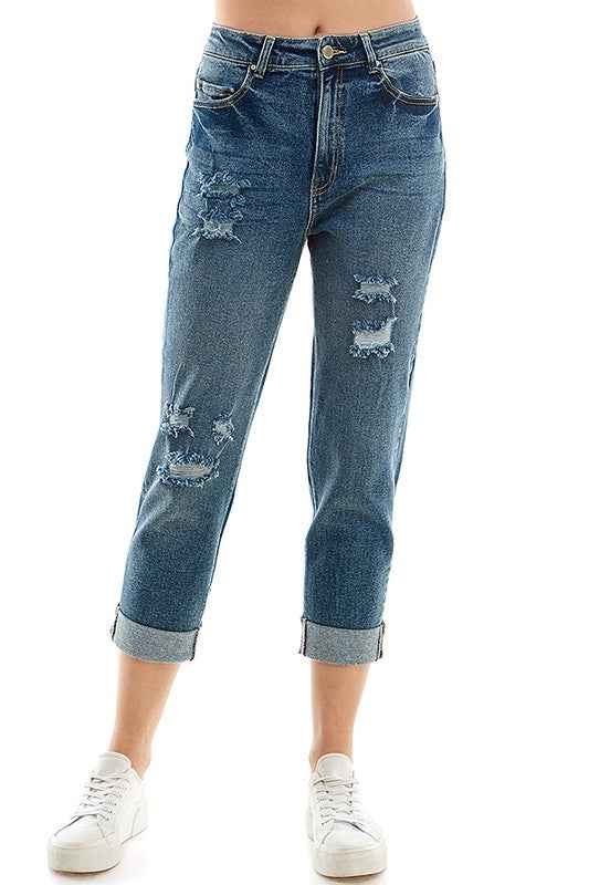 ROOL-UP DISTRESSED  HIGH RISE STRETCH MOM JEANS