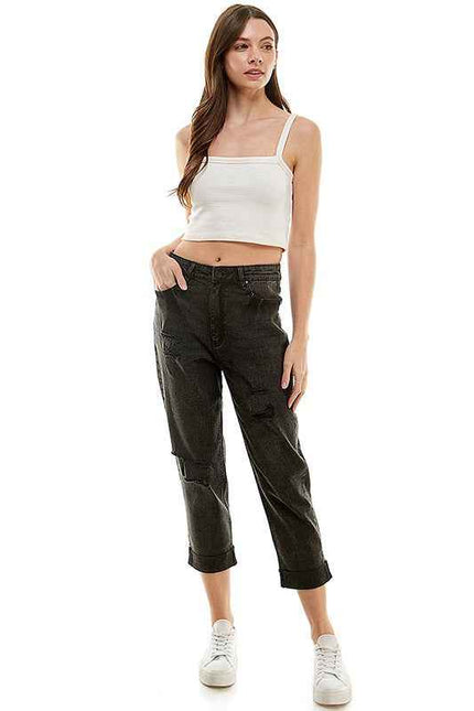 ROOL-UP DISTRESSED  HIGH RISE STRETCH MOM JEANS
