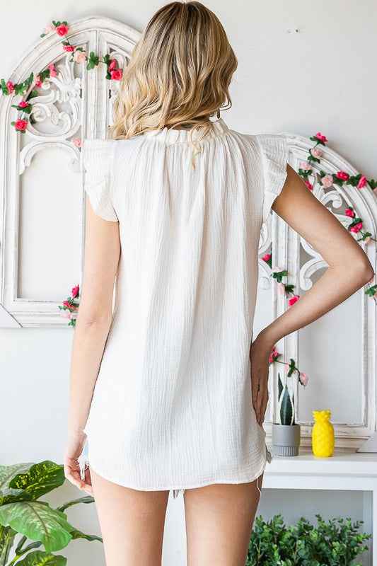 SOLID RUFFLE MOCK NECK BLOUSE