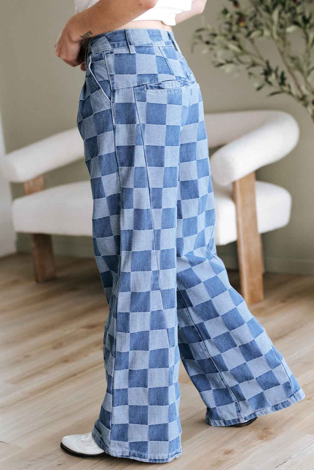 Dusk Blue Checkered Denim Wide Leg Jeans - Pikemla