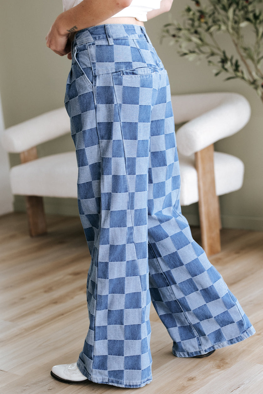 Dusk Blue Checkered Denim Wide Leg Jeans - Pikemla