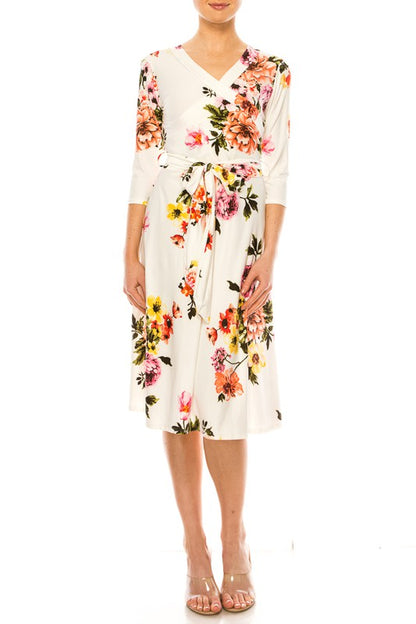 White Floral Long Sleeved Wrap Dress - Pikemla