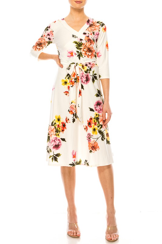 White Floral Long Sleeved Wrap Dress