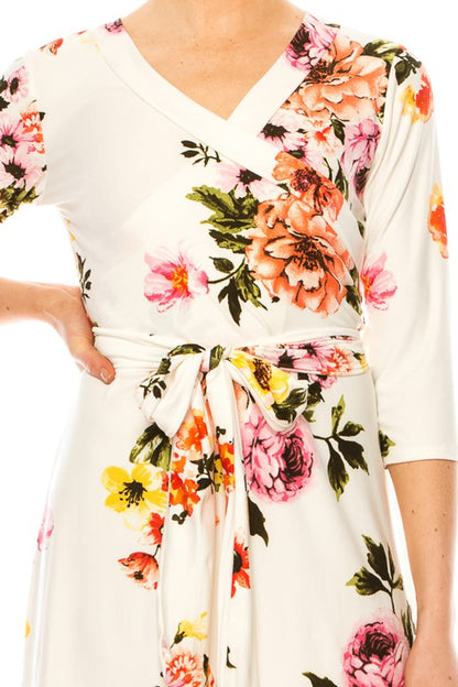 White Floral Long Sleeved Wrap Dress - Pikemla