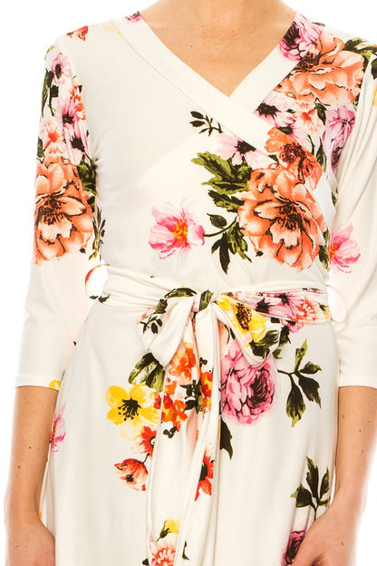 White Floral Long Sleeved Wrap Dress - Pikemla