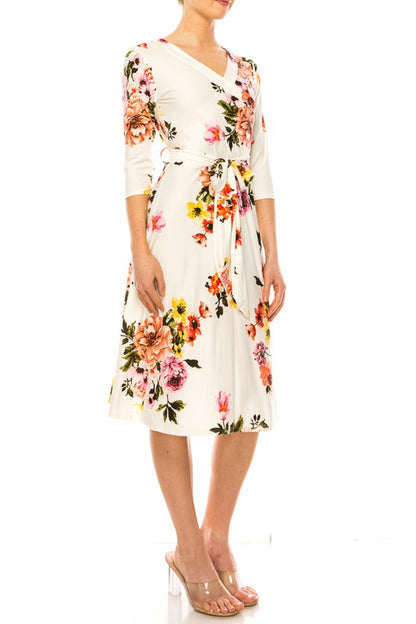 White Floral Long Sleeved Wrap Dress - Pikemla