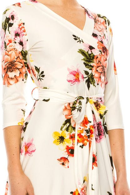 White Floral Long Sleeved Wrap Dress - Pikemla