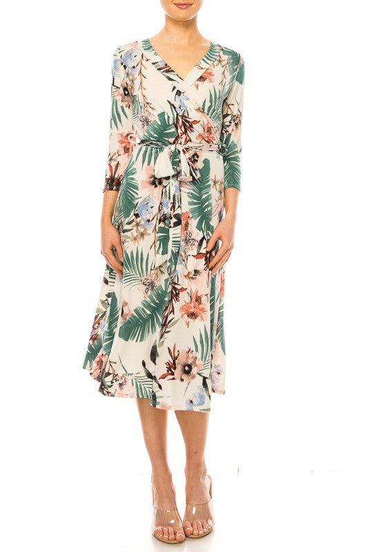 Tropical Floral Long Sleeved Wrap Dress