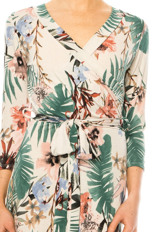 Tropical Floral Long Sleeved Wrap Dress