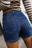 Bluing Asymmetric Wrapped Buttoned High Waist Denim Shorts - Pikemla