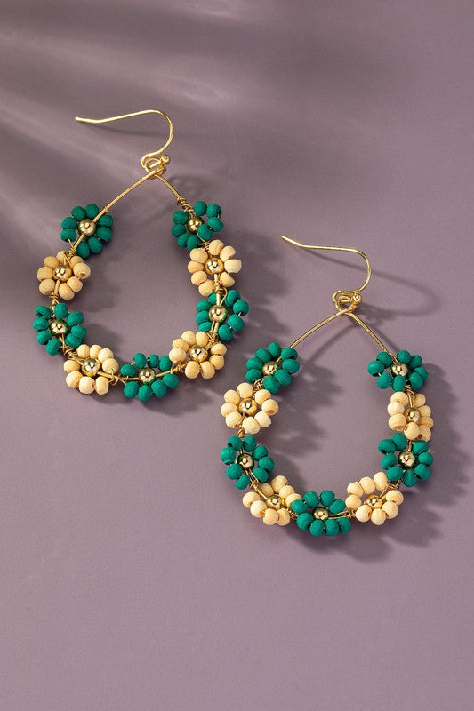 Hand done multi wood beaded flower hoop earrings - Pikemla