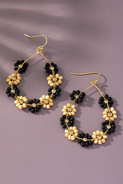 Hand done multi wood beaded flower hoop earrings - Pikemla