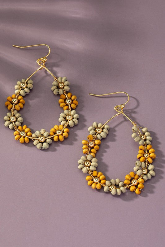 Hand done multi wood beaded flower hoop earrings - Pikemla