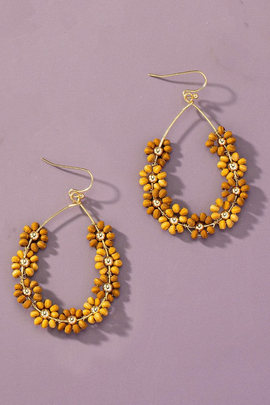 Hand done multi wood beaded flower hoop earrings - Pikemla