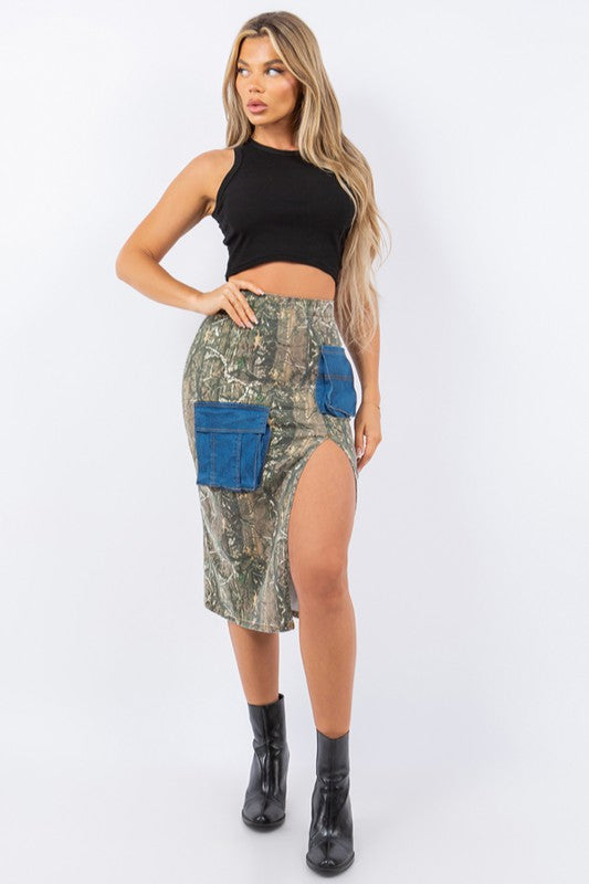 Cargo Skirt with contrast pockets in Woodland Camo - Pikemla