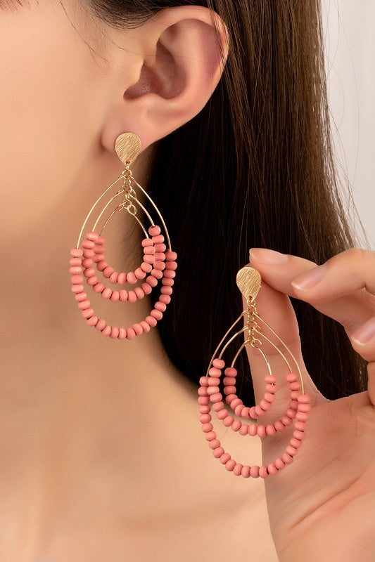 Three tier wood oval hoop earrings